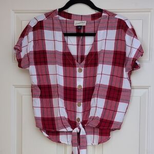 Red Plaid Button-Up Tie Front Top